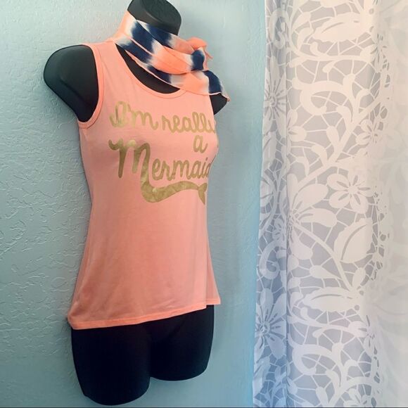 Lily  Bleu Orange Mermaid Graphic Tank Top & Tie Dye Scarf Size Large 14 - Picture 5 of 10